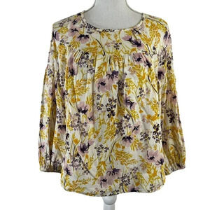 Old Navy Yellow and Purple Floral Blouse Babydoll Fit 3/4 Sleeves Small Cotton